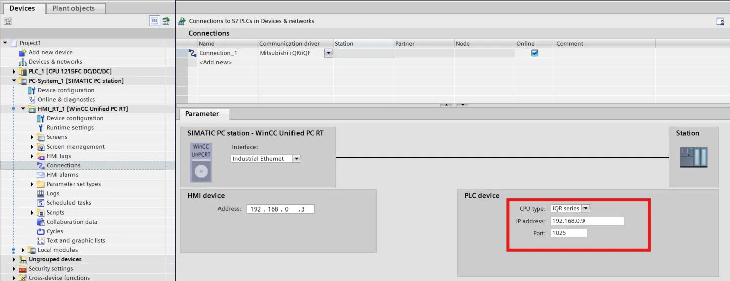 WinCC Unified PCで三菱iQRに接続